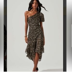ASTRThe Label, Santorino Black Floral Print One Asymmetrical Middip Dress
